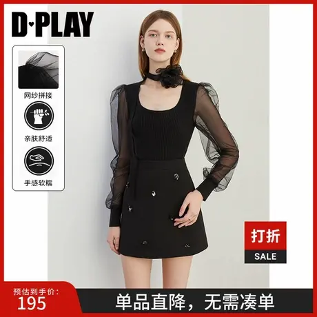 DPLAY秋季气质甜美U领双层网纱泡泡袖黑色针织衫女商品大图