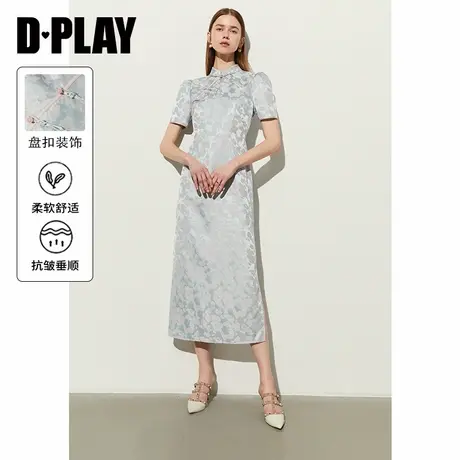 DPLAY夏季新中式缎面提花蓝色国风旗袍裙连衣裙长裙女图片