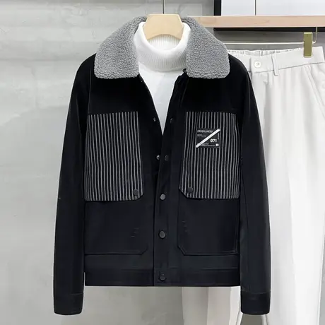秋冬季男士外套韩版潮流冬装加绒加厚条纹拼接帅气飞行皮夹克上衣商品大图