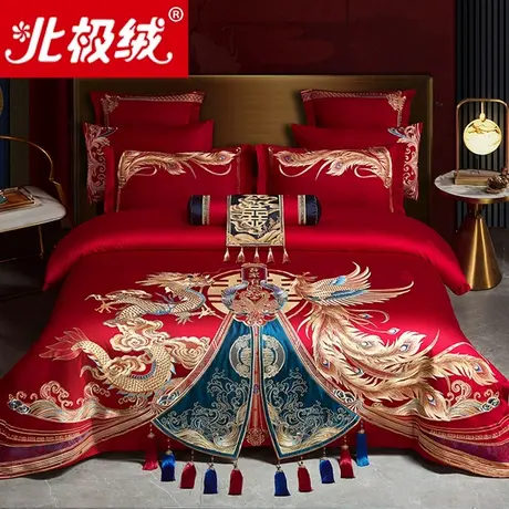 北极绒长绒棉婚庆四件套高端纯棉龙凤大红色全棉陪嫁结婚六八套件商品大图