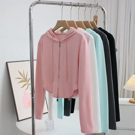 潮流街头风~高腰短款拉链开衫外套女春秋长袖运动休闲连帽衫上衣商品大图