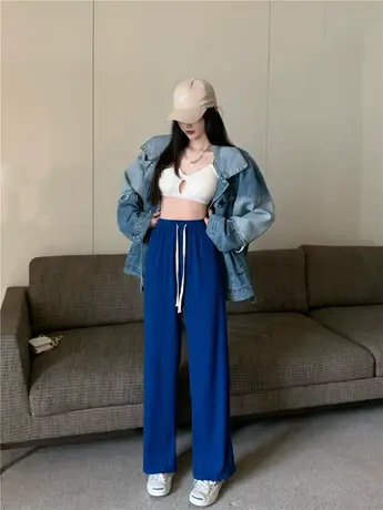 抽绳阔腿裤女春秋2023年新款春装高腰垂感宽松直筒运动裤休闲卫裤图片
