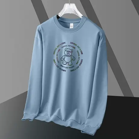 男士卫衣加绒加厚套头无帽上衣宽松潮流潮牌小熊印花圆领长袖t恤商品大图