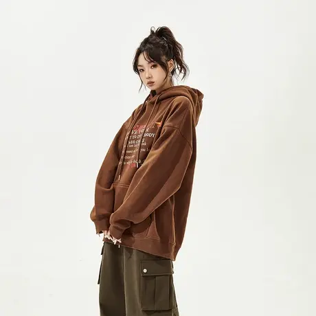 YEP加绒连帽卫衣女2023秋冬美式复古重磅宽松oversize美拉德外套商品大图