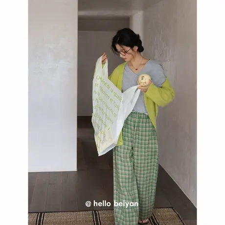 贝妍睡衣女款春秋季ins风短款V领长袖格子长裤套装慵懒宽松家居服图片