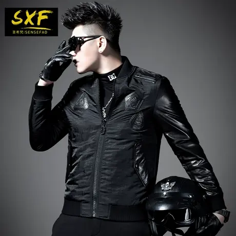 SXF圣希梵男士皮衣外套 2022新款拼接真皮棒球机车加厚皮夹克男潮商品大图