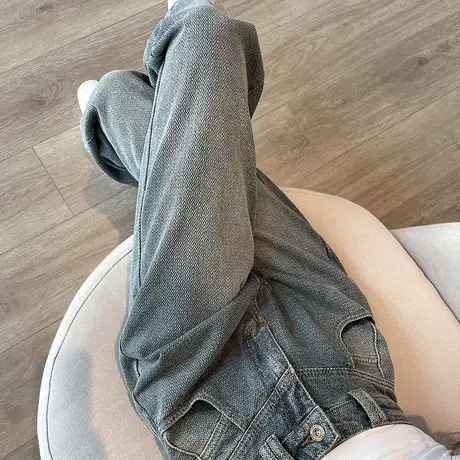 复古阔腿牛仔裤女秋冬新款高腰窄版直筒宽松显瘦编织小个子拖地裤商品大图
