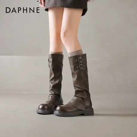 达芙妮棕色长筒靴女2026新款秋冬季骑士裤管靴加绒美拉德堆堆长靴图片