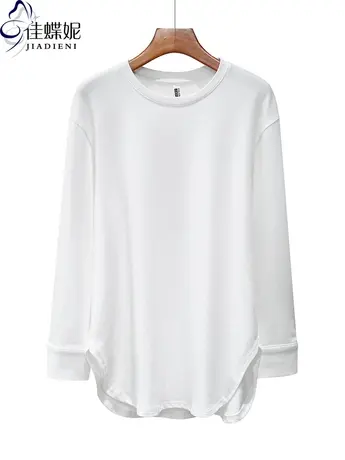 秋冬新款圆领宽松纯棉纯色简约中长款圆弧长袖体恤上衣女打底衫商品大图
