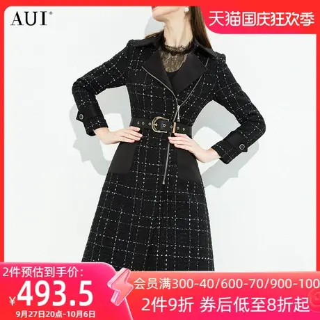AUI黑色小香风格子西装外套女2023秋冬新款职业气质中长款大衣厚图片