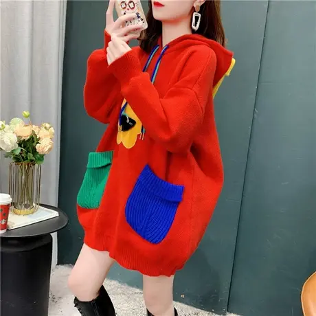 秋冬网红宽松加厚连帽毛衣女外穿慵懒风设计感花朵针织衫上衣外套商品大图