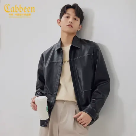 卡宾男装明线工装夹克2023秋新款PU皮衣潮流街头外套青年休闲A商品大图