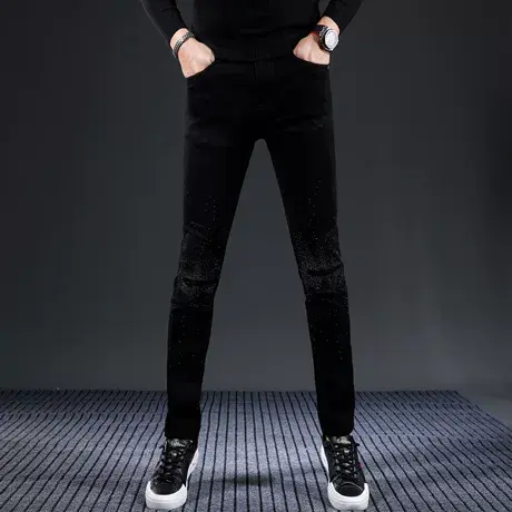 高端牛仔裤男2023秋冬新款纯黑色潮牌修身小脚时尚烫钻休闲裤子男商品大图
