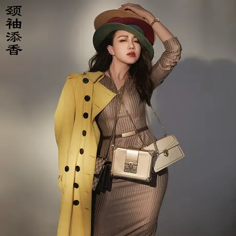 颈袖添香2023秋装新款女装时尚修身通勤过膝中长款外套风衣商品大图