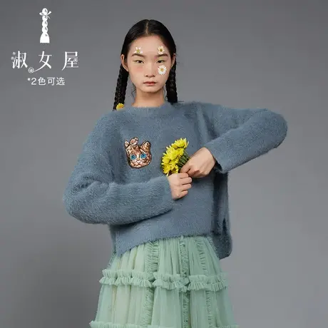 淑女屋官方旗舰店秋冬新品圆领猫装饰图案复古慵懒设计感毛衣图片