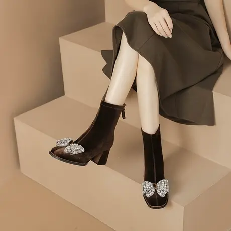 小香风炸街短靴女2023新款洋气方头粗跟瘦瘦靴高级感法式绒面裸靴商品大图