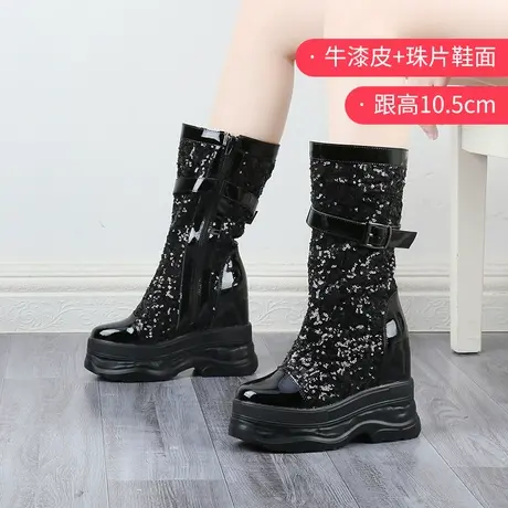 内增高马丁靴女中筒不过膝骑士靴侧拉链2023秋冬小个子厚底瘦瘦靴商品大图