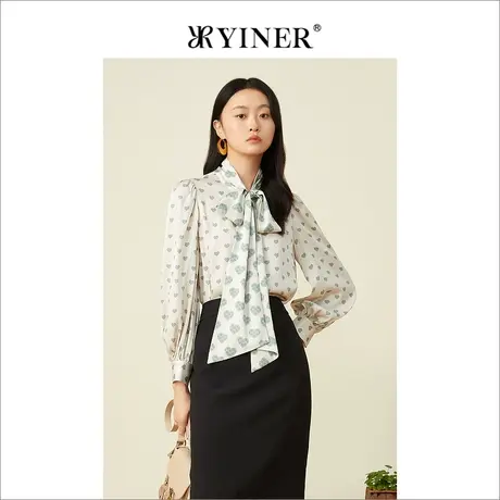 YINER音儿女装春季爱心印花系带领桑蚕丝衬衫上衣商品大图