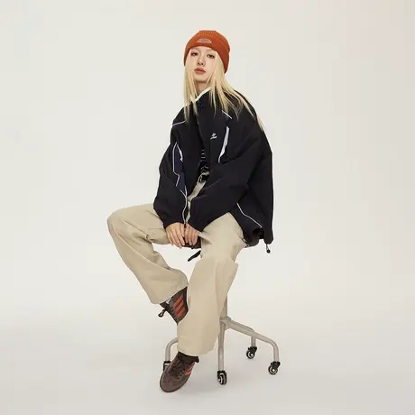 户外女拼接外套2023年新款春秋款街头复古立领宽松夹克上衣商品大图