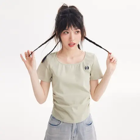 尔给修身方领短袖t恤女夏季2023新款女装显瘦上衣女设计感小众商品大图