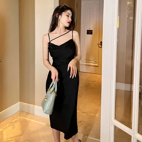堆堆领轻奢名媛风褶皱包臀裙子2024新款洋气修身开叉吊带连衣裙女商品大图