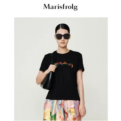 【设计感T恤】玛丝菲尔春夏黑色圆领纯棉印花宽松短袖商品大图