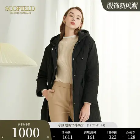 Scofield女装连帽抽绳后开叉设计保暖中长款黑色棉服冬季厚外套商品大图