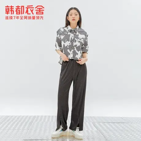 韩都衣舍开叉西装阔腿裤女垂感秋冬新款时尚高腰光泽休闲裤商品大图