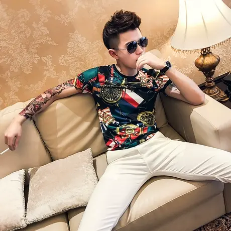 2023夏装韩版短袖修身T恤社会小伙冰丝男短男花色网红潮流打底衫商品大图