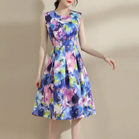 水墨青华夏季新品百搭印花背心裙修身显瘦中长款无袖连衣裙图片