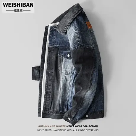 2023新款秋季不规则拼色牛仔夹克男潮牌宽松复古水洗做旧工装外套商品大图