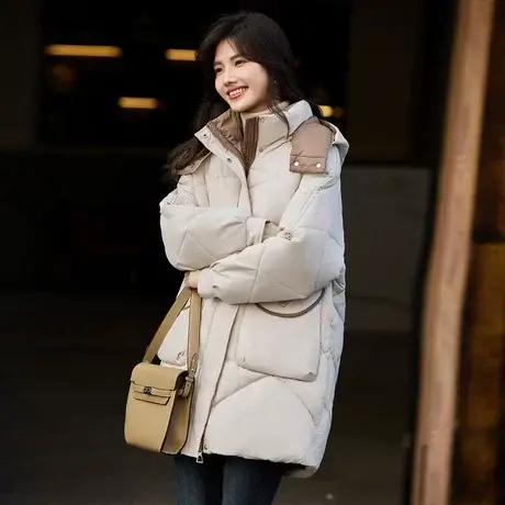 时尚气质2023年冬季新款女立领百搭宽松韩版连帽加厚款棉服外套图片