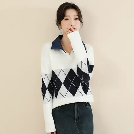 韩潮袭人POLO领菱格纹套头毛衣女2023冬新款宽松休闲撞色上衣加厚图片