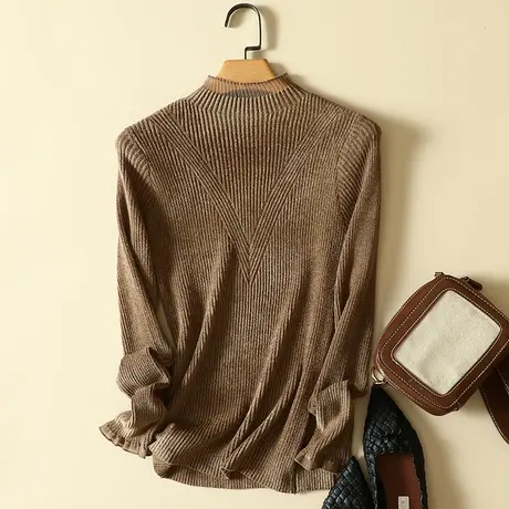 春装洋气蕾丝半高领套头毛衣女士百搭纯色长袖针织衫修身打底衫女商品大图