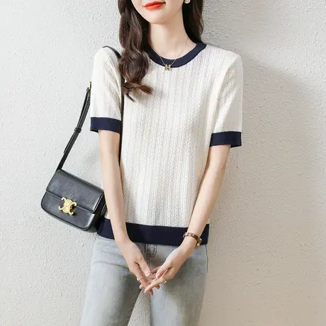 夏季女士薄款镂空条纹拼色T恤2023韩版新款撞色针织衫宽松上衣商品大图