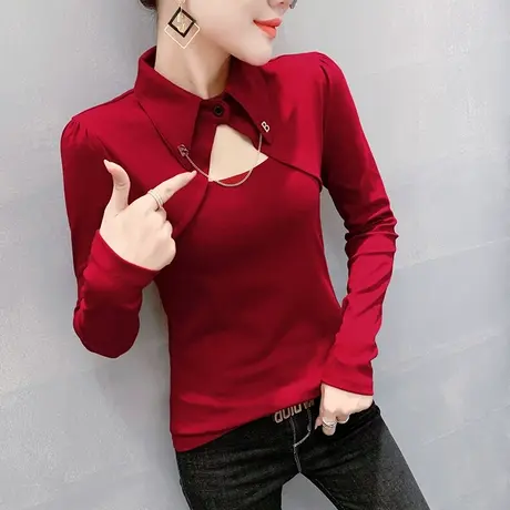 2023春秋新款新年衣服洋气翻领上衣气质镂空T恤女长袖加绒打底衫商品大图