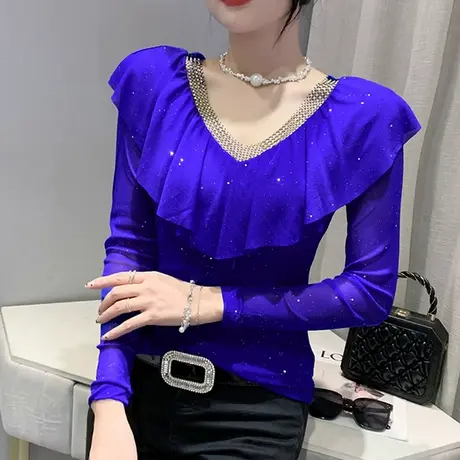 时尚荷叶边V领T恤女长袖性感镂空网纱上衣修身显瘦打底衫内搭体恤商品大图