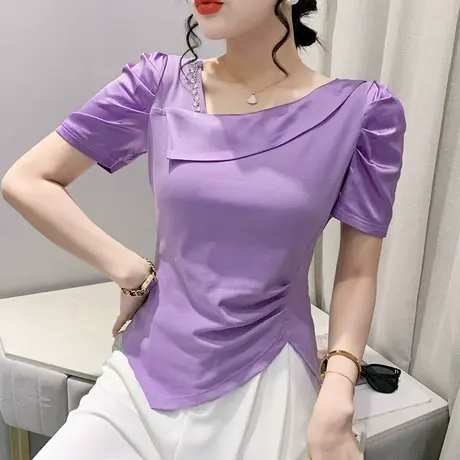性感斜领t恤短袖女2024新款气质泡泡袖小衫下摆开叉上衣设计感夏商品大图