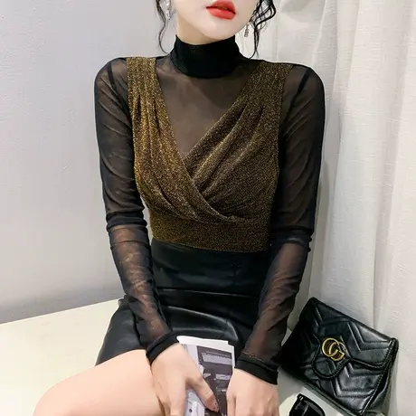 性感秋冬网纱T恤女长袖烫钻褶皱交叉褶皱上衣洋气修身透气打底衫商品大图