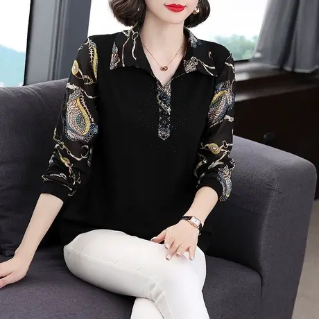 2023年秋装新款时尚漂亮雪纺衫女接拼洋气大码妈妈装宽松减龄小衫图片