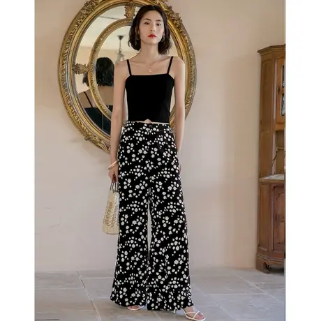 弥古黑色碎花阔腿裤冰丝雪纺裙裤女夏宽松直筒裤子薄款休闲沙滩裤商品大图