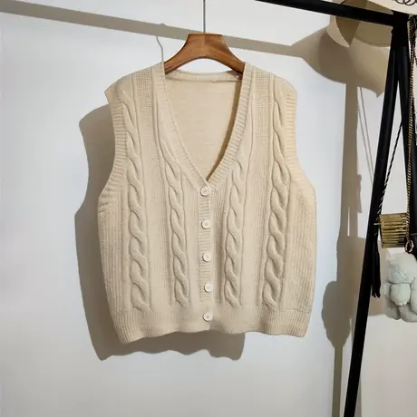 学院风针织马甲开衫女秋冬新款宽松v领叠穿无袖坎肩毛衣背心外穿商品大图