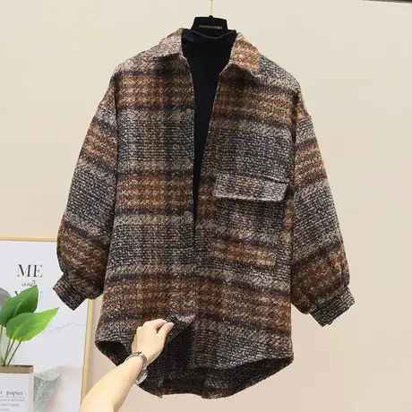 时髦又保暖！中长款毛呢格子衬衫外套女加厚宽松百搭休闲磨毛衬衣商品大图
