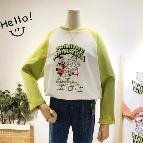 2022早春新款韩国东大门ulzzang卡通港风拼色潮T恤打底衫大码显瘦商品大图