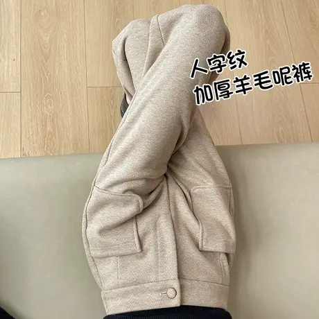 毛呢裤女秋冬新款高腰显瘦杏色小个子休闲裤羊绒呢子阔腿直筒裤子商品大图