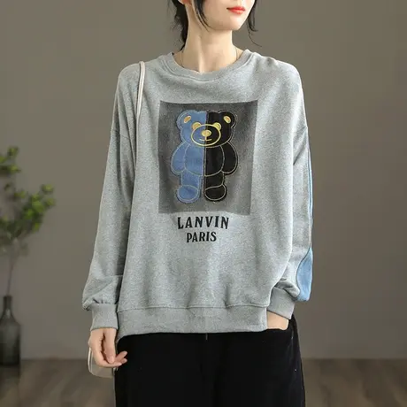 dza 纯棉休闲圆领套头灰色卫衣女士2022新款长袖外套宽松秋季上衣图片