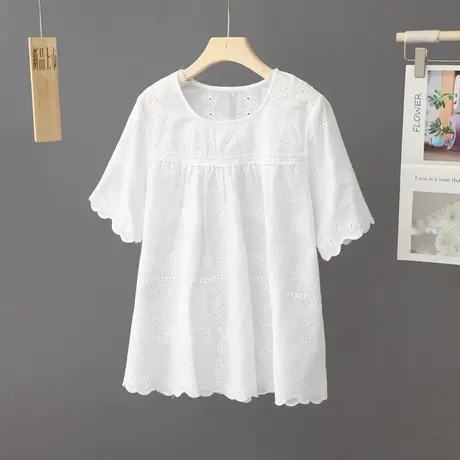 夏季新款文艺范纯白色圆领短袖t恤女装宽松套头百搭棉质小衫上衣图片