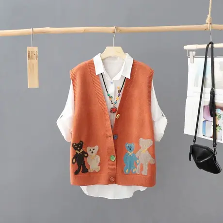 春装新款时尚提花V领无袖针织开衫女马甲休闲打底毛衣坎肩毛背心X图片