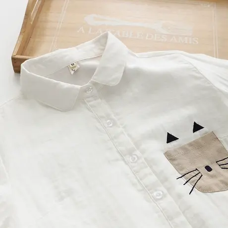 春装学院风文艺双层棉纱长袖白色衬衫女宽松刺绣贴布猫咪柔软衬衣商品大图