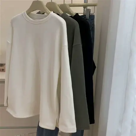 磨毛加绒开叉长袖T恤女2023秋冬宽松内搭显瘦加厚保暖外穿打底衫商品大图